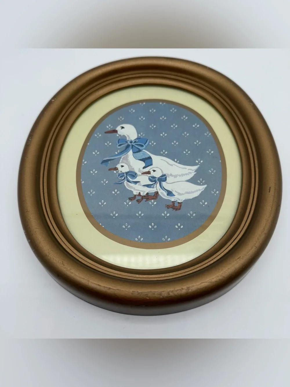 Vtg 1985 Homco Country Duck Set 2 Gold Oval Frames Goose Blue Cottagecore READ